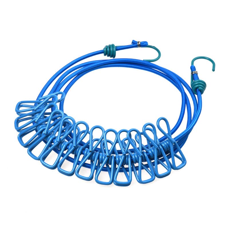 Elastic Portable Travel Clothesline with 12pcs Clips, Durable Windproof Retractable Clothes Line, Clothes Line Ropes for Indoor Laundry & Outdoor Camping Accessories Stuff (Blue)
