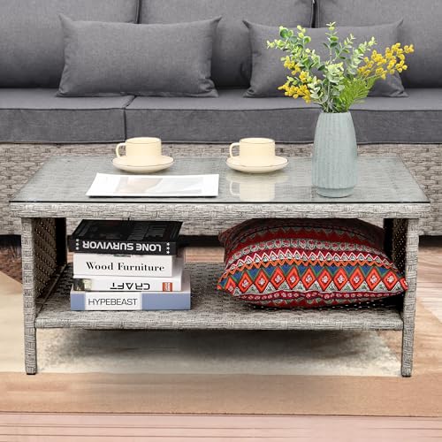 WAROOM Outdoor PE Wicker Coffee Table - Patio Rattan Garden