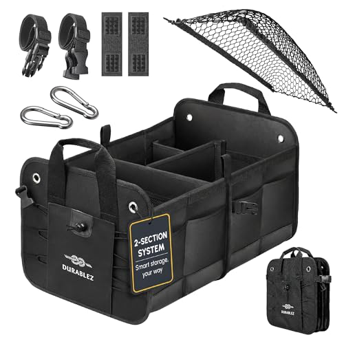 DURABLEZ 2-Section Trunk Organizer Foldable Car Storage Bin – Compact Dual-Compartment Auto...