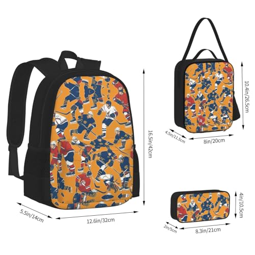 Hockey Print 3 Piece Set Backpack, Lunch Bag, Pencil Case, Cute Sturdy For College And Travel4