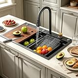 30'Kitchen Sink with Faucet Combo Waterfall Black Stainless Steel Waterfall Sink Kitchen Countertop Multi-Functional Sinks Farmhouse Undermount or Countertop Drop in