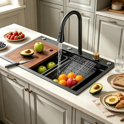 30Kitchen Sink with Faucet Combo Waterfall Black Stainless Steel Waterfall Sink Kitchen Countertop Multi-Functional Sinks Farmhouse Undermount or Countertop Drop in