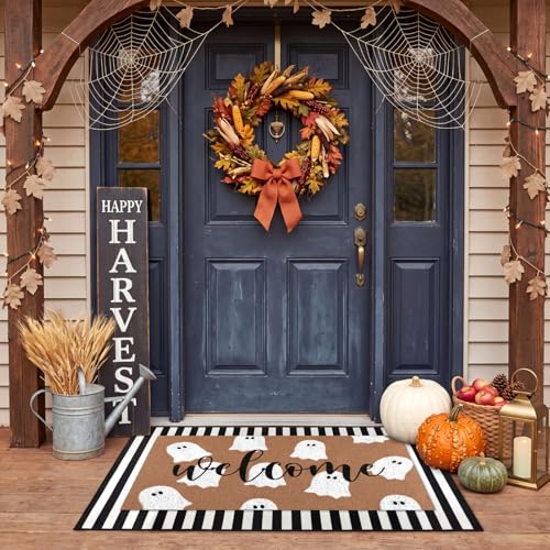Tinideya 2 Pcs Halloween Door Mat Outdoor Cute Ghost Welcome Doormat for Front Door Non Slip Layered Ghost Coir Floor Mat Black White Stripe Halloween Rug for Outside Front Porch Entryway Decor