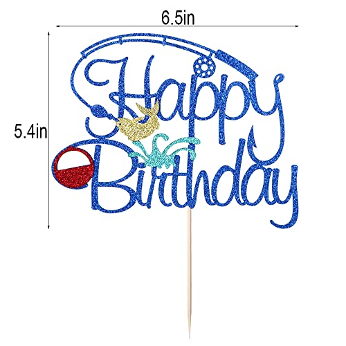 Kaoenla Fishing Birthday Cake Toppers - Glitter Happy Birthday Logo Hunting Camper Hunter, Retirement, Forest Animals Campfire Theme, Kids Boys Girls Birthday Party Supplies (Fishing) (Blue) #TOP2