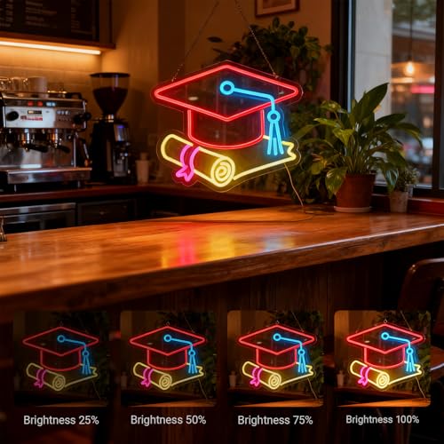 Image of Congrats Grad Neon Sign with Cap & Diploma - 3-Color Red Yellow Ice Blue Graduation Decorations 2026, 10-Level Dimmable LED Wall Light, USB Powered Gift for Graduate, 14.5 inchx12.6 inch