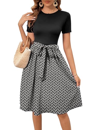 Image of Women's Elegant Vintage Round Neck Short Sleeve Summer Casual Work Party A-Line Dress with Belt 809