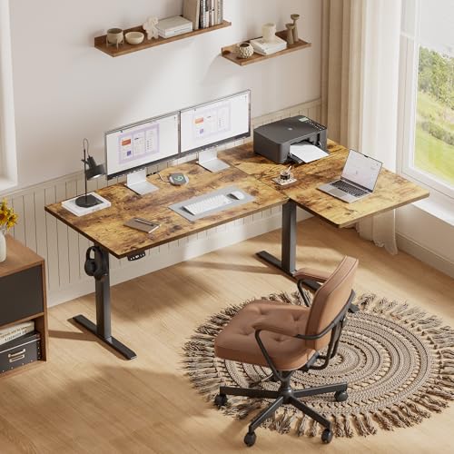 Image of Agilestic 59 Inch Reversible L Shaped Standing Desk, Electric Height Adjustable Desk with Memory Preset, Sit Stand Up Computer Workstation for Home Office, Splice Board, Rustic Brown