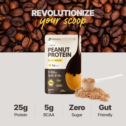 Image of SparkFusion Natural Peanut Protein Isolate-10 Pack - 25g Protein, 5g BCAA, Zero Sugar, Gut-Friendly, Vegan, Lab-Tested, No Artificial Additives (370g), Coffee
Mocha)