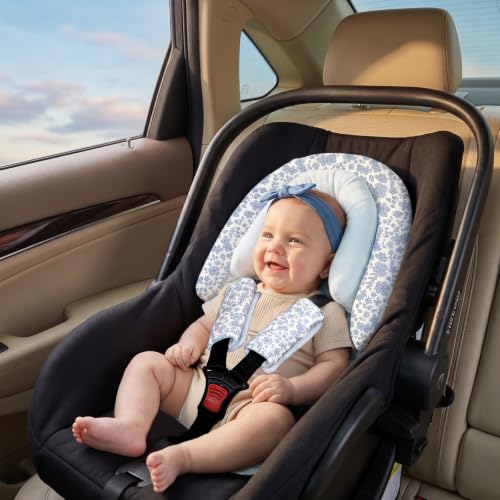Image of Baby Car Seat Head Support for Newborn, 2 in 1 Infant Car Seat Head Body Support with Strap Pads, Soft Stroller Cushion Pillow Insert for Girls, Fits for Stroller, Swing, Blue