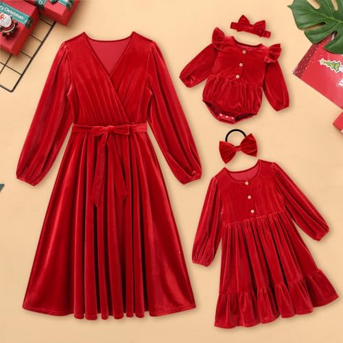 AWIBMK Mommy and Me Christmas Dresses Long Sleeve Velvet Dress Fall Winter Xmas Holiday Mom Daughter Matching Outfits2