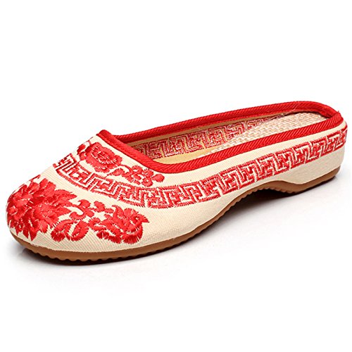 Qhome Womens Chinese Style Embroidery Round Toe Casual Walking Household Canvas Slippers
