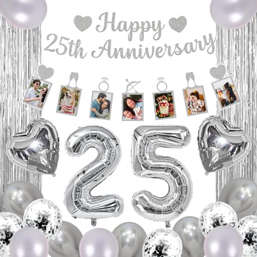 Happy 25th Anniversary Decorations Include Silver Glitter Banner Photo Banner Fringe Curtains Number Balloons and Latex Balloons 25th Wedding Anniversary Vow Renewal or Celebration