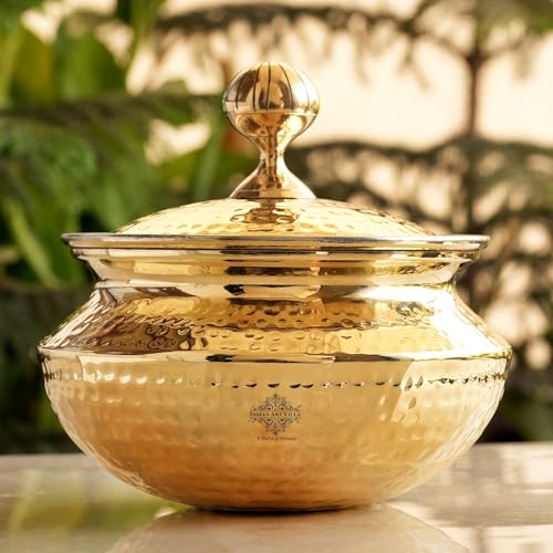 Image of INDIAN ART VILLA Brass Handi for Cooking with Tin Lining Inside, Degchi /Sipri, Ideal for Biryani, Cooking & Serving, Premium Brass Utensil, Volume - 4600 ml