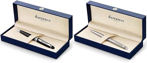 Waterman Expert - Bolígrafo negro CT, punta media, bolígrafo hemisferio de tinta azul, acero inoxidable con borde cromado, punta media con cartucho