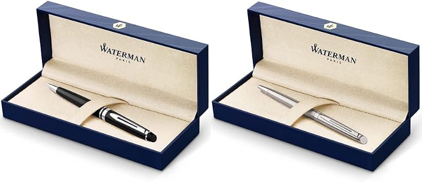 Waterman Expert Black Ballpoint Pen CT, Medium Point, Blue Ink Hemisphere Ballpoint Pen, Stainless Steel with Chrome Trim, Medium Point with Blue Ink Cartridge, Gift Box