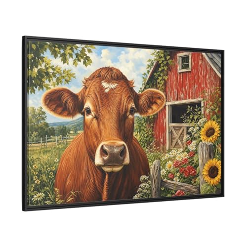Art mural vache marron tableau ferme horizontal 120x80 cadre noir