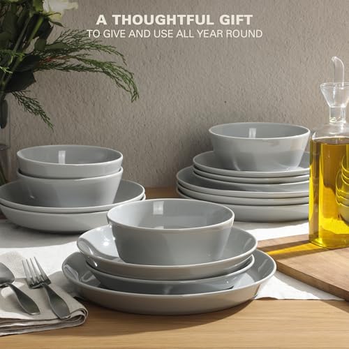 Image of Gibson Home Summer Shades 16 Piece Plates and Bowls Dishes Service for 4 Porcelain Dinnerware Set - Grey