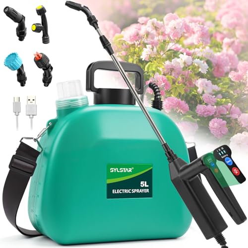 SYLSTAR Pulverizador 5 litros, 3 Velocidades Pulverizador Electrico con 3 Boquillas, 7.4V Sulfatadora Electrica a Bateria Recargable, Fumigadora Pulverizador Portátil para Jardín Huerto Riego (Verde)
