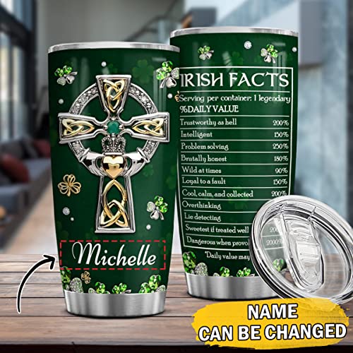 Wassmin Personalized St Patricks Day Tumbler Irish Fact Celtic Cross Jewelry Drawing Stainless Steel Tumbler 20 Oz 30 Oz With Lid Travel Mug Saint Paddy's Day Gifts For Irish Women Men Family Friends #TOP1