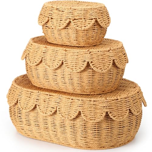 Image of Cinnvoice Set of 3 Scalloped Baskets with Lids 10 /13 /14 Inch Hand Woven Storage Wicker Baskets for Baby Shower Gifts Baby Diaper Caddy Organizer for Nursery Room(Paper Rope)