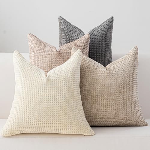 Cushonix Pack of 4 Throw Pillow Covers 18x18 inch Neutral Boho Cushion Covers Decorative Farmhouse Pillow Covers for Couch Bed Sofa Living Room Home Decor Soft Square Pillowcase