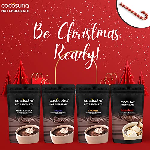 Image of COCOSUTRA Hot Chocolate Christmas Celebration Gift Combo | Swiss, Mocha, Caramel & Hazelnut 100gm Drinking Chocolate with 2 Candy Canes | 400gm Assorted Hamper