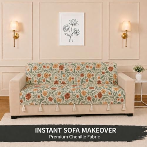 Image of STITCHNEST 'Eden Weaves Collection Series' 1 Seater Sofa Cover - Full Coverage| Elegant Woven Fabric, Decorative Tassels, Washable & Durable for Modern Living