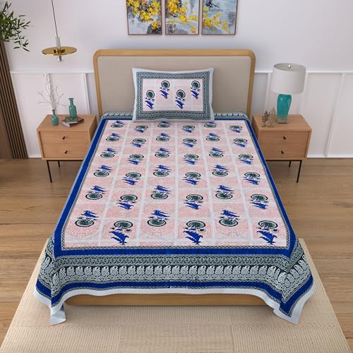 Image of 100% Cotton Single Bedsheet with 1 Pillow Cover | 240 TC Pure Cotton Flat Bed Sheet | Traditional Jaipuri Printed Bedding Set | Soft & Breathable | 60 x 90 Inch (Rangmahal Single 01)
