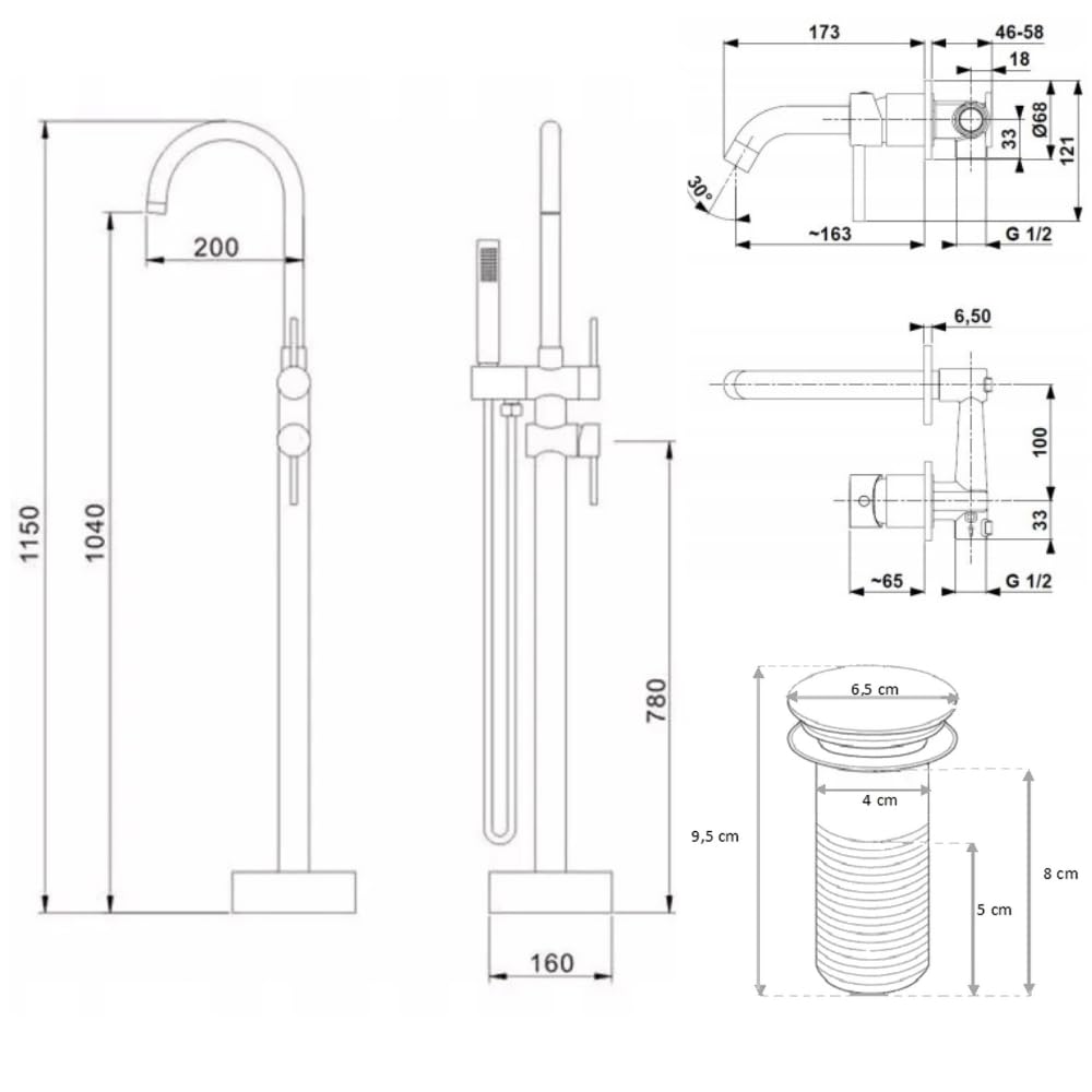 ARI Juego de grifería de baño Slim Tube con alcachofa de mano, grifo de lavabo empotrado y válvula de desagüe de clic clac, sin rebosadero, grifo de latón (montaje en suelo)