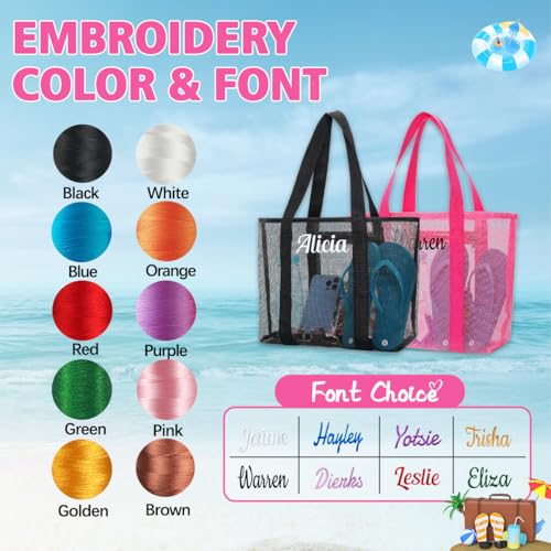 Ulico Personalized Mesh Beach Bag Embroidered Name,Custom Large Tote Bag, Foldable Sandproof Waterproof Swim Pool Essentials2