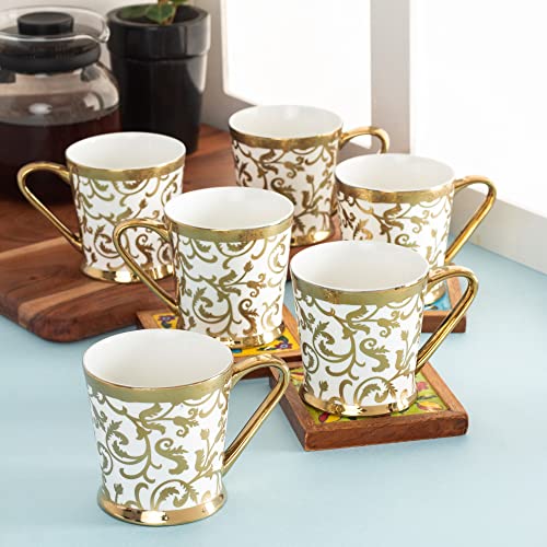 Image of Clay Craft Fine Ceramic Gold Print Design Tea Cups /Mugs Set of 6-180 ml Each (Peter E696), Tea Cup Set of 6, Mugs for Coffee, Cups Set of 6, Mug Set, Ideal for Gifting, Perfect for Home and Office