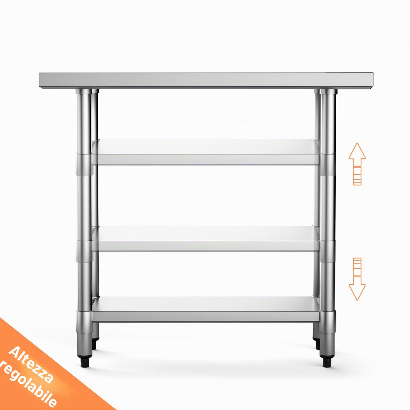 GIANTEX Tavolo da Lavoro per Cucina in Acciaio Inox, Piattaforma con Ripiano Regolabile in Altezza, Piedini Antiscivolo e Regolabili, Piano Cucina Ristorante e Magazzino (92x61x90cm)