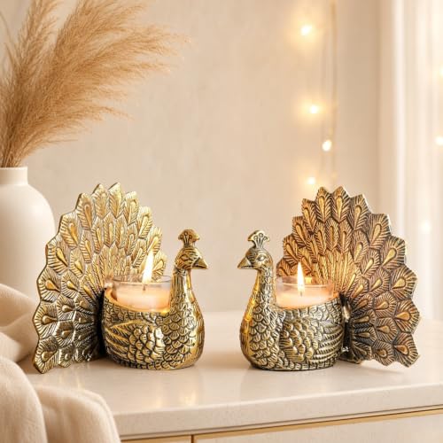 BEHOMA Metal Dancing Peacock Figurine Pair for Home Decor, Gold -...