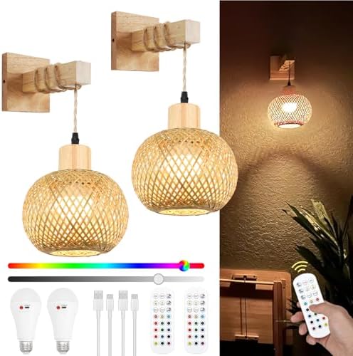 Frideko Boho Battery Operated Wall Sconces Set of Two with Remote...