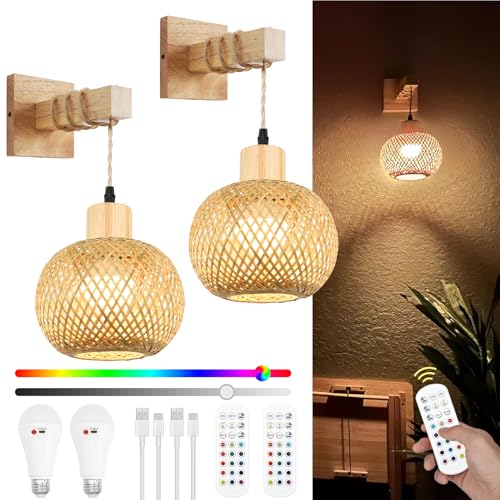 Image of Frideko Boho Battery Operated Wall Sconces Set of Two with Remote, RGB 15 Colors Rechargeable Wall Light, Rattan Dimmable Wireless Wall Lamp with 3 Timer, Bamboo Indoor Wall Lighting for Bedroom