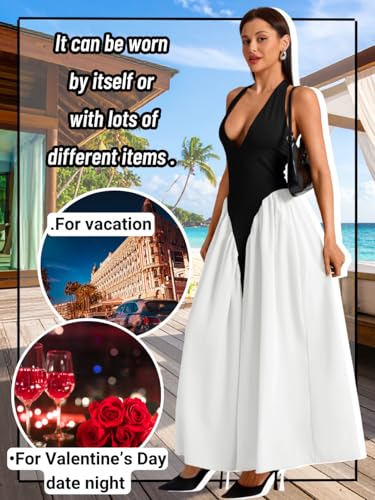 Image of ChiaoLezhee Deep V Neck Dress, Halter Maxi Dresses, Vacation Date Night, Sexy for Women Corset Flowy Wedding Guest Drop Waist