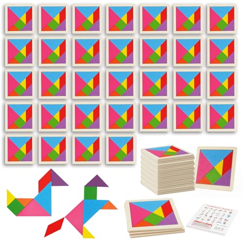 Ainiv 32PCS Tangram Infantil, Tangram Puzzle Madera Regalitos Cumpleaños Invitados Niños, Colegio, Detalles Cumpleaños, Rompecabezas Educativos Montessori para Niñas y Niños
