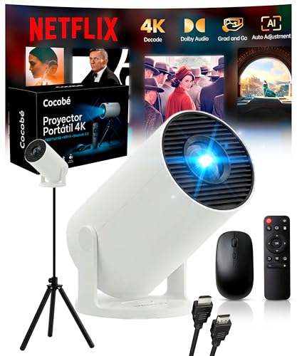 COCOBÉ Tragbarer 4K-Projektor mit integrierter App, Stativ, Maus, HDMI-Kabel und Fernbedienung - Tragbarer Mini-Projektor Full HD 1080P 4K für Heimkino - mit Autofokus