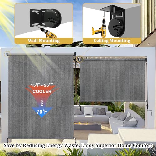 Image of Shade&Beyond Patio Shades Roll up Outdoor Roller Shade Blinds 10' W x 8' H, Cordless with 90% UV Protection, Exterior Sunshade Cloth Roll for Pergola Porch Gazebo Balcony, HDPE Fabric, Gray