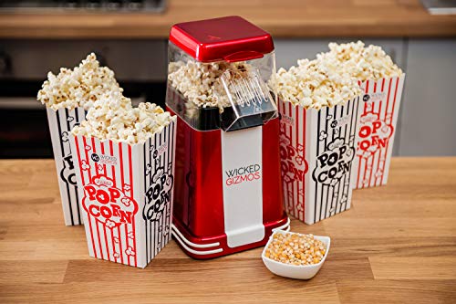 WICKED GIZMOS Red Electric 1200W Retro Popcorn Maker - Make Delicious Healthy Fat Free Hot Air Popped Cinema Popcorn at home in just 3 minutes  Complete with 6 Serving Boxes and Butter Scoop