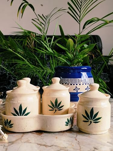 Image of Niyara Multipurpose Storage Ceramic Pickle set Jars with Lid & tray (Set of 4, 300 ml) (Hemp)