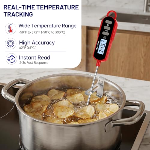 Image of Lonicera Digital Candy Thermometer with Pot Clip, 11 inch Long Probe, Instant Read 2-3s, IPX6 Waterproof Food Thermometer with Backlight, for Deep Fry, Oil & Meat (Red)