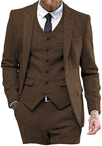 Mens Tweed Herringbone Wedding Suit Prom Tuxedos 3 Piece Peak Lap...