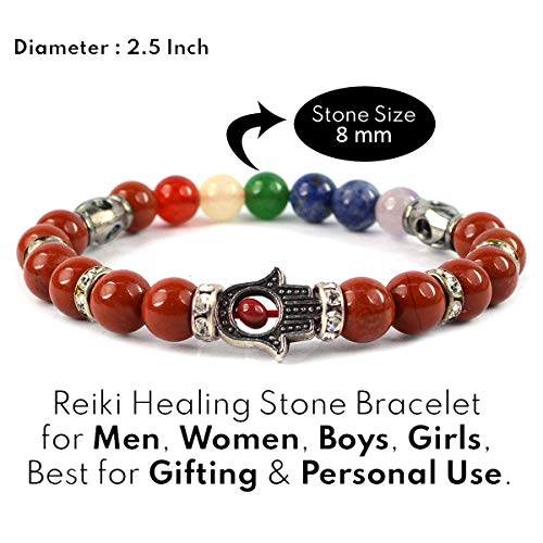 Image of Reiki Crystal Products Certified Natural Crystal Stone 7 Chakra with Hamsa 8 mm Round Beads Bracelet for Men & Women | Reiki Charged Gemstone Bracelet | Multiple Stone Variants Available