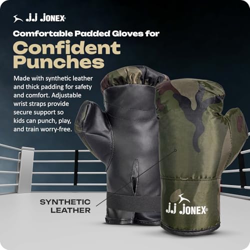 Image of JJ Jonex Sports Kids Boxing Punching Bag Set - Heavy Boxing Bag, Gloves, MMA, Home Gym & Martial Arts Training Equipment | for Boys & Girls for Age 3 4 5 6 7 8 Years | Camouflage Color |