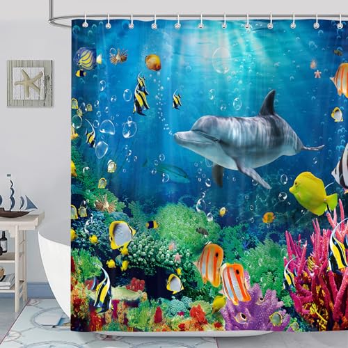 Ocean Fish Shower Curtain,Underwater World Sea Dolphin Tropical Fishes Coral Bathroom Curtains Decor Set, Polyester Fabric Waterproof Bath Curtains with 12 Hooks, 72X72 Inch