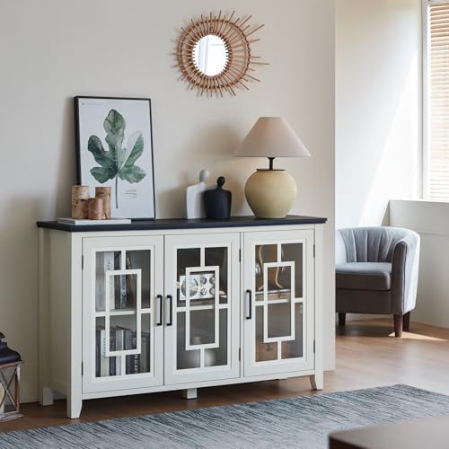 Joaxswe Large Sideboard Buffet Cabinet with Storage, 55\" Farmhouse White Kitchen Coffee Wine Bar Cabinet with 3 Glass Doors, Wood Mid Century Modern Side Board Table for Dining Room, Living Room