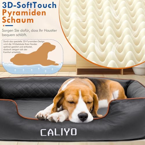 CALIYO Orthopädisches Hundebett Grosse Hunde – Hundekissen aus Kunstleder, Wasserdicht & Waschbar, Memory Foam Hundesofa mit 4 Rändern, Hundematte 127×97×18CM, Schwarz