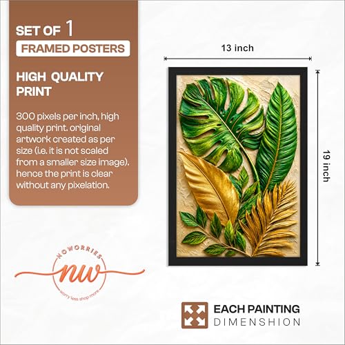 Image of NoWorries 3D Tropical Leaf Wall Painting with Frame Set of 1 | Premium Textured Green & Gold Monstera Palm Leaves Artwork, Luxury Botanical Nature Wall Decor for Living Room, Bedroom, Office and Home Decoration (3d Art-20,13x19inch)