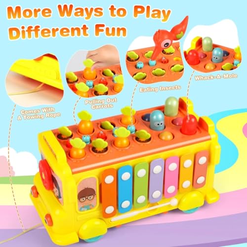 Image of PLUSPOINT Activity School Bus Toy for Kids Multifunctional Pull-Along Bus with Gears, Teaching Clock, Fishing Game Color Matching Shape Puzzles Whack-a-mole Toddler Musical Toy for 1-5 yrs